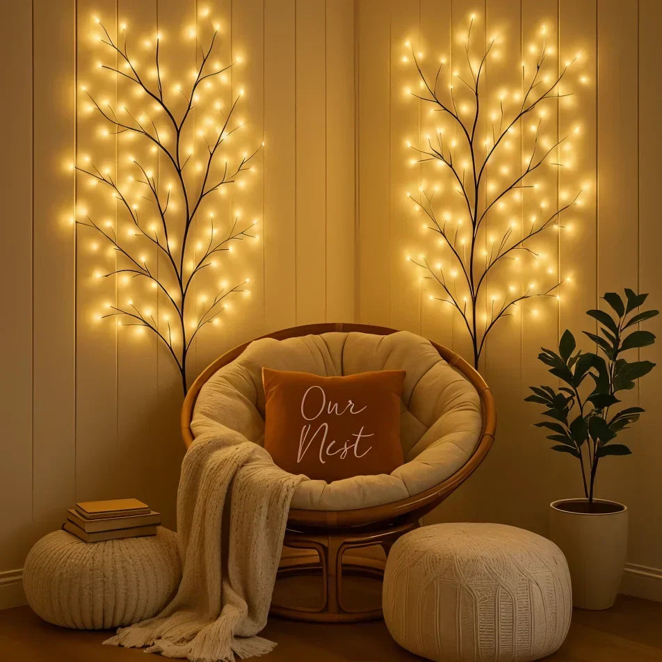 Warm White LED Willow Branch Wall Light – Dimmable Natural Mood Lighting with Remote Control