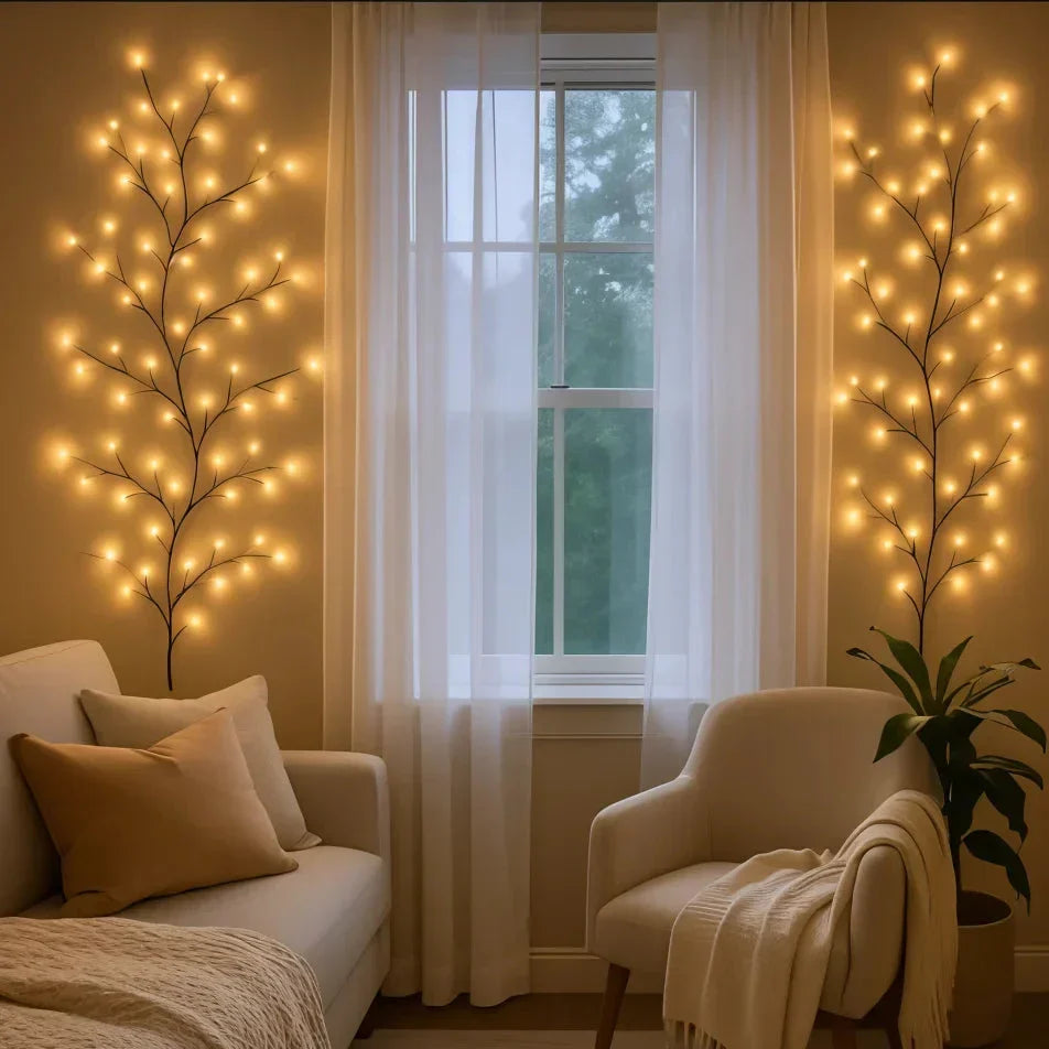 Warm White LED Willow Branch Wall Light – Dimmable Natural Mood Lighting with Remote Control
