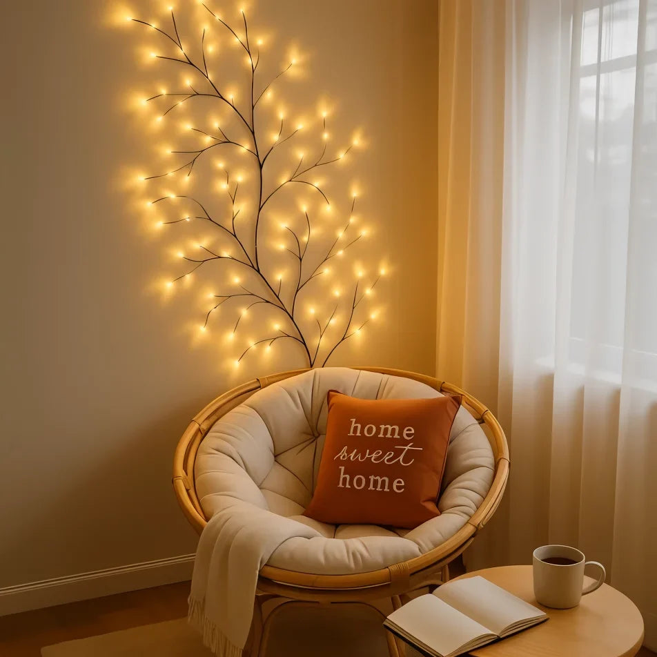 Warm White LED Willow Branch Wall Light – Dimmable Natural Mood Lighting with Remote Control