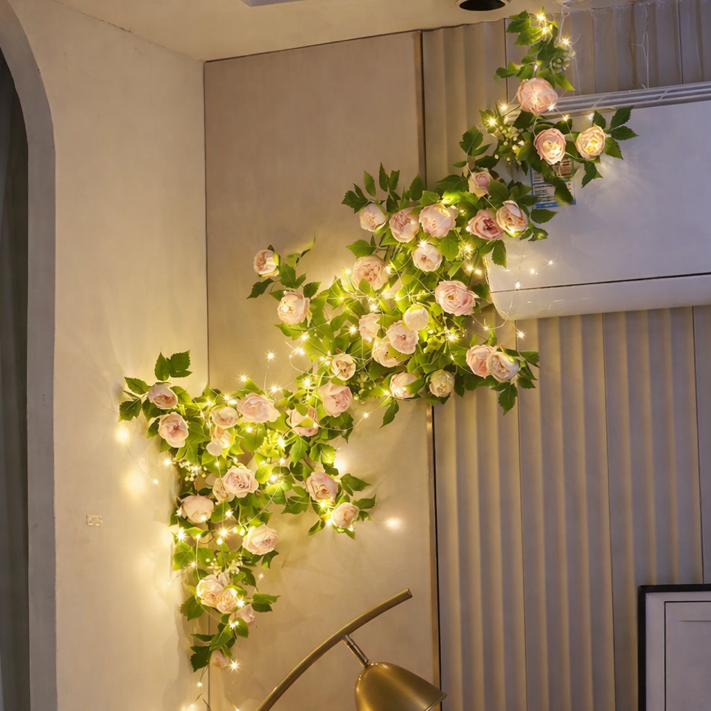 LED String Lights with Pink Roses for Wall Decor – 5 Metre Decorative Fairy Lights