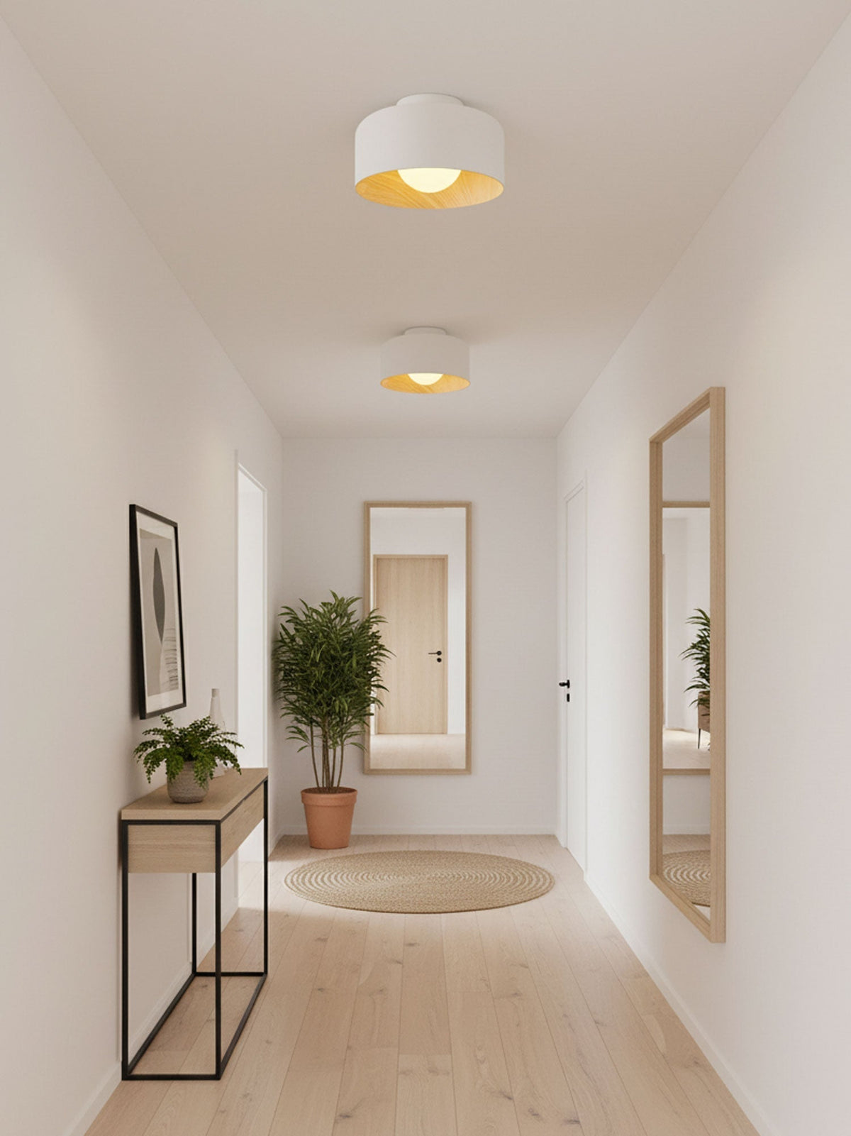 Round Glass Globe Ceiling Light with Wood-Grain Interior – Ø 22 cm, G9, Wall Mountable for Hallway, Kitchen & Bedroom