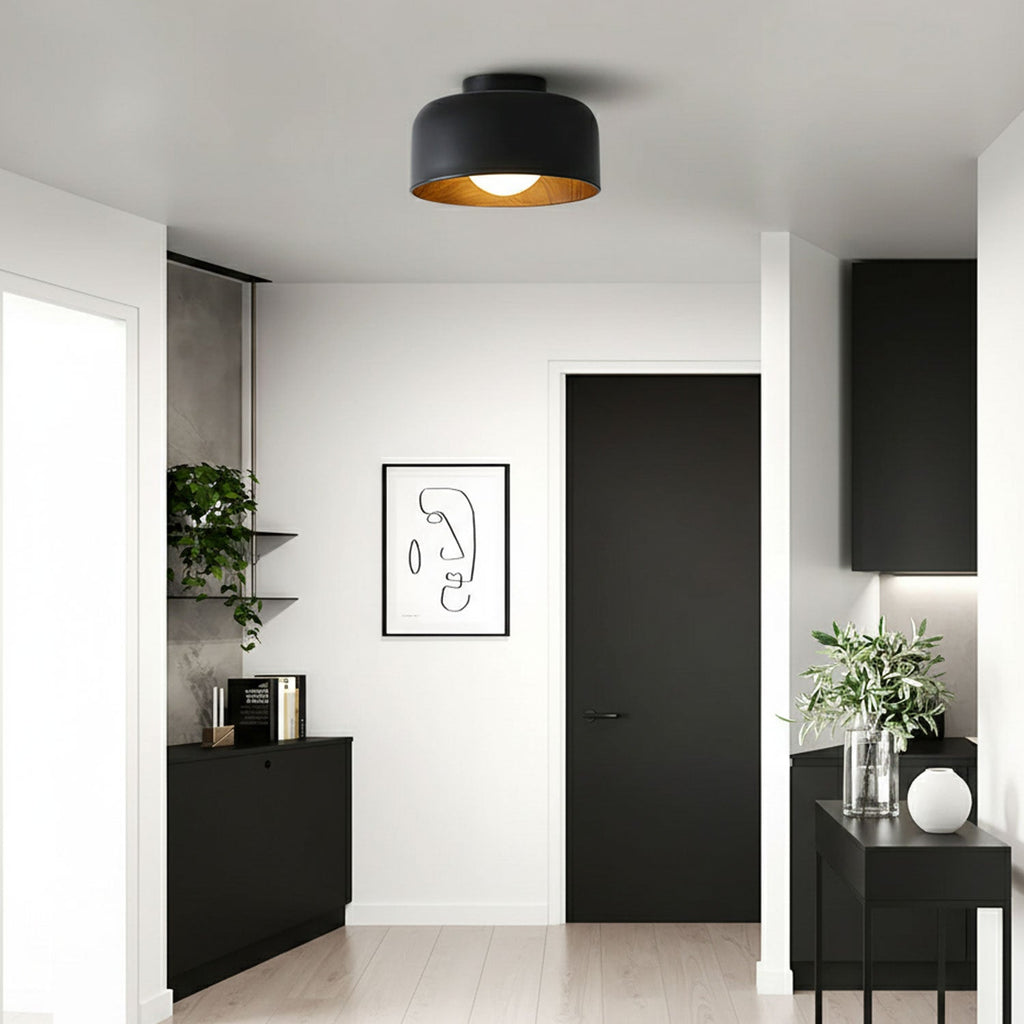 Round Glass Globe Ceiling Light with Wood-Grain Interior – Ø 22 cm, G9, Wall Mountable for Hallway, Kitchen & Bedroom