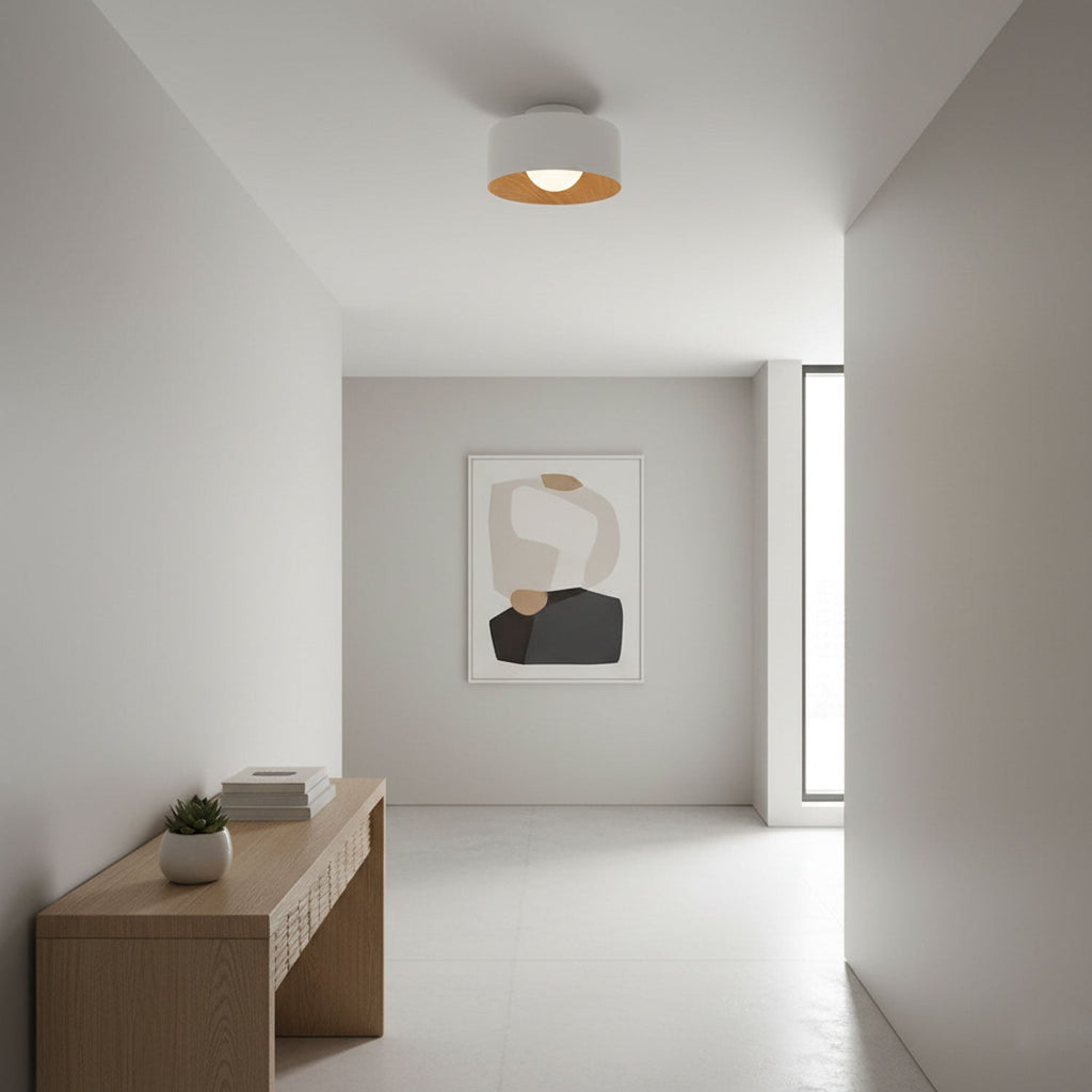 Round Glass Globe Ceiling Light with Wood-Grain Interior – Ø 22 cm, G9, Wall Mountable for Hallway, Kitchen & Bedroom