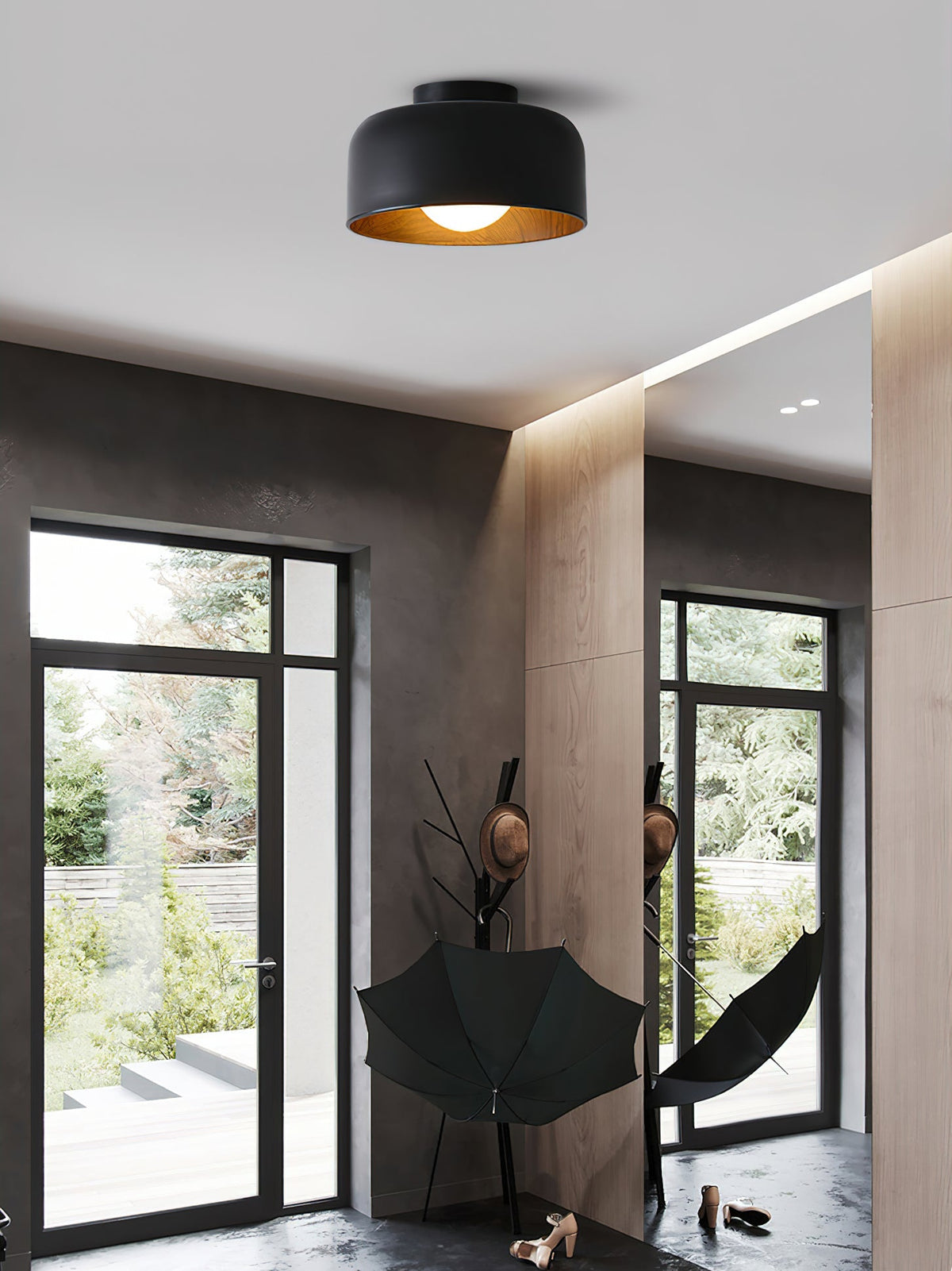 Round Glass Globe Ceiling Light with Wood-Grain Interior – Ø 22 cm, G9, Wall Mountable for Hallway, Kitchen & Bedroom