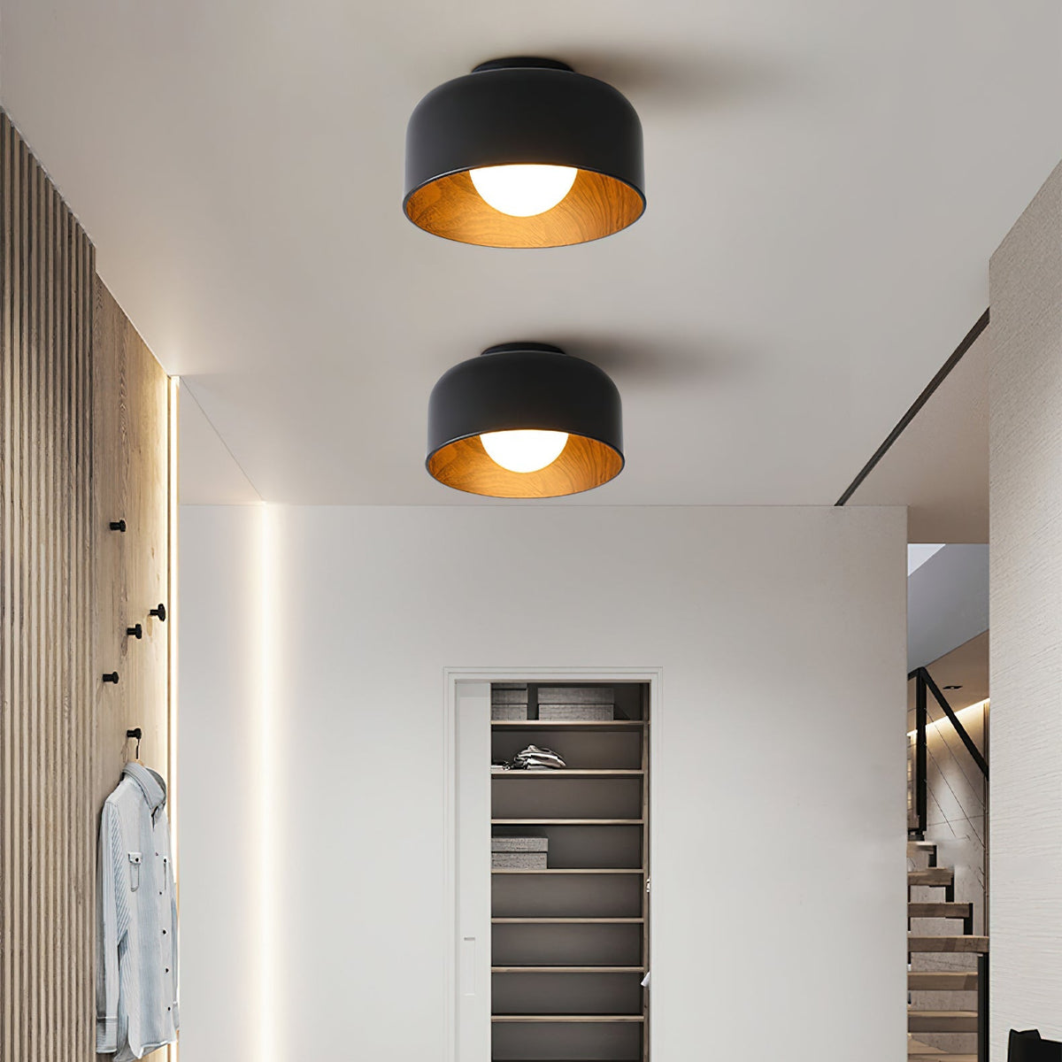 Round Glass Globe Ceiling Light with Wood-Grain Interior – Ø 22 cm, G9, Wall Mountable for Hallway, Kitchen & Bedroom