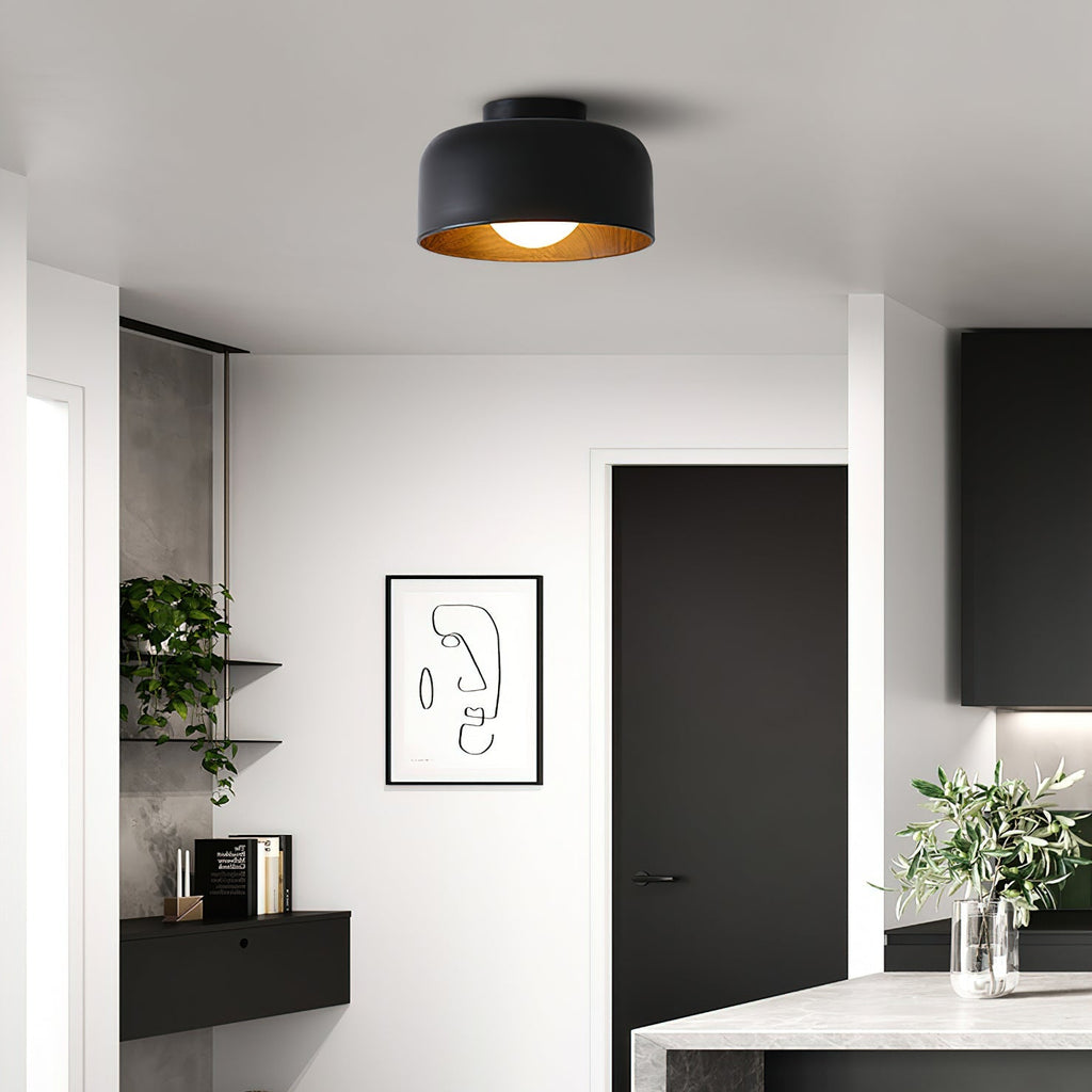 Round Glass Globe Ceiling Light with Wood-Grain Interior – Ø 22 cm, G9, Wall Mountable for Hallway, Kitchen & Bedroom