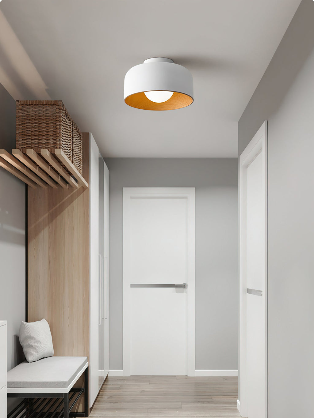 Round Glass Globe Ceiling Light with Wood-Grain Interior – Ø 22 cm, G9, Wall Mountable for Hallway, Kitchen & Bedroom