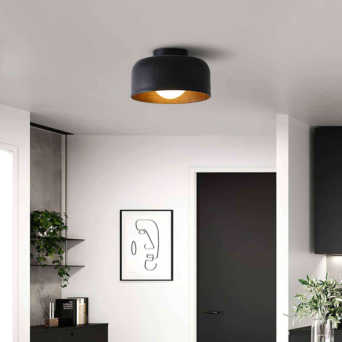 Round Glass Globe Ceiling Light with Wood-Grain Interior – Ø 22 cm, G9, Wall Mountable for Hallway, Kitchen & Bedroom