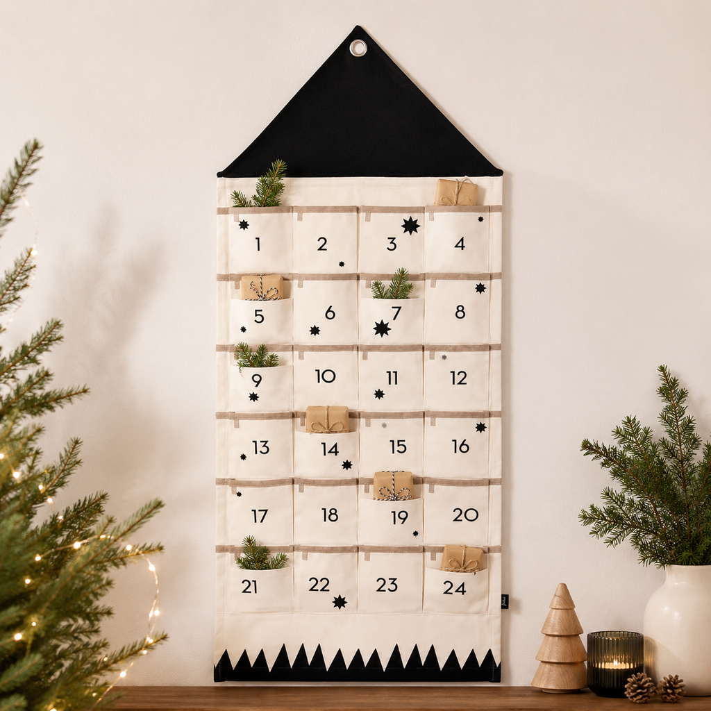 Taschora | Fillable Fabric Advent Calendar with 24 Hanging Pockets, Black and Red