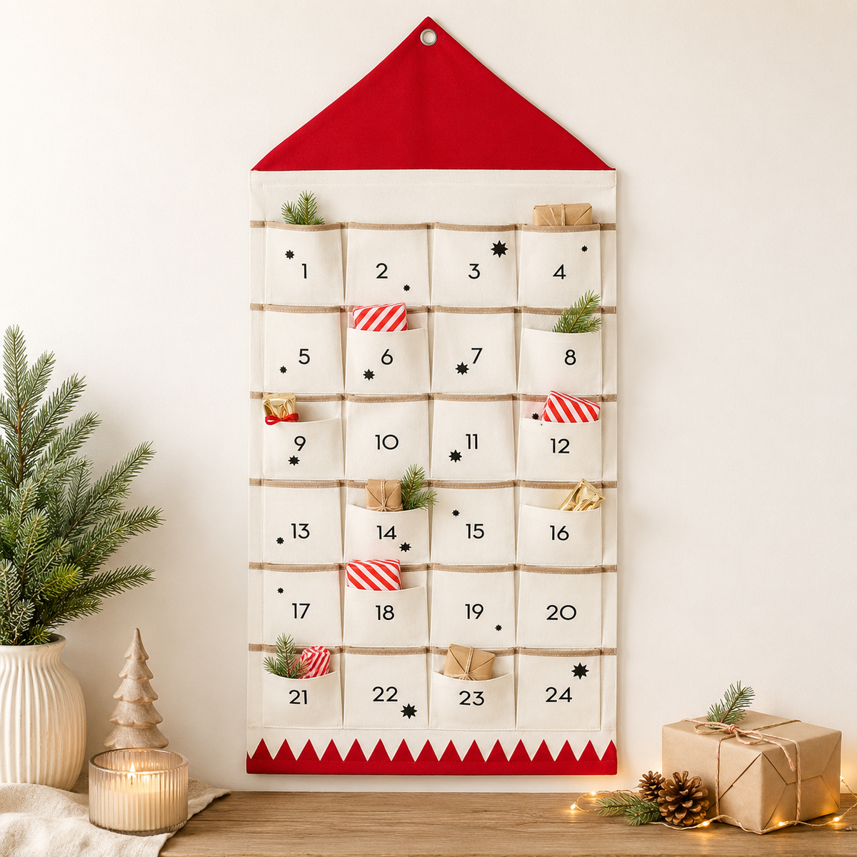 Taschora | Fillable Fabric Advent Calendar with 24 Hanging Pockets, Black and Red