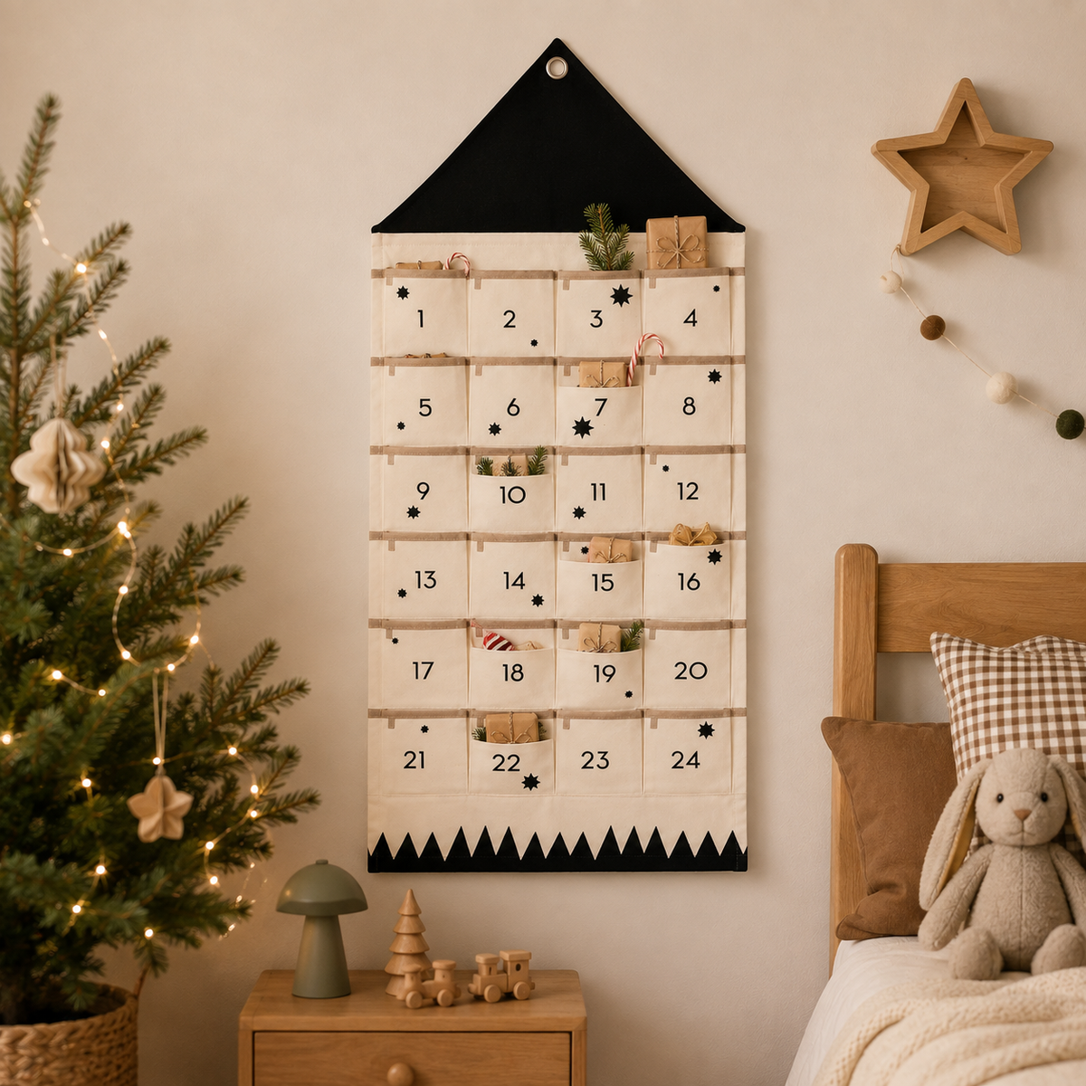 Taschora | Fillable Fabric Advent Calendar with 24 Hanging Pockets, Black and Red