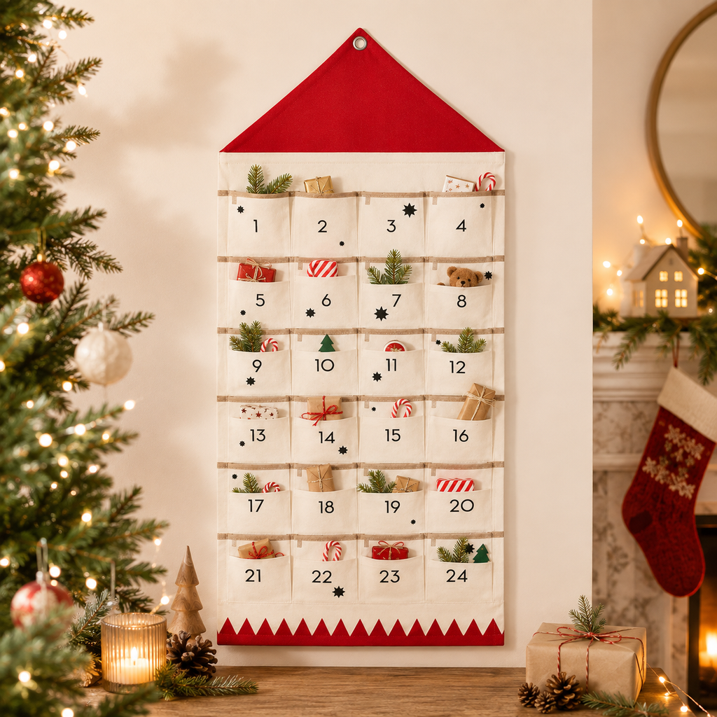 Taschora | Fillable Fabric Advent Calendar with 24 Hanging Pockets, Black and Red