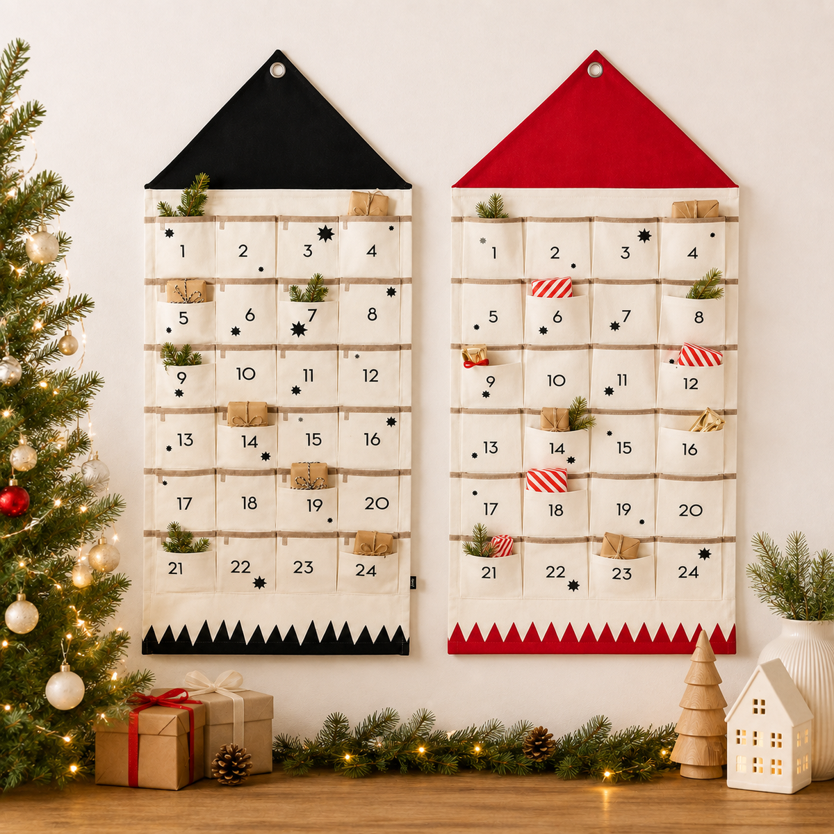 Taschora | Fillable Fabric Advent Calendar with 24 Hanging Pockets, Black and Red