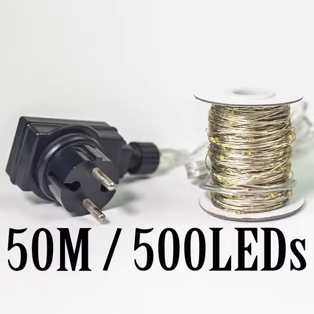 LED String Lights with 500 Bulbs, 50 m – Warm White on Silver Wire, Indoor & Outdoor Christmas Decoration