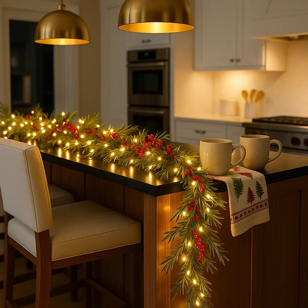 Illuminated Christmas Garland with Red Berries & Pine Branches, 180 cm – Warm White LED Indoor Decoration