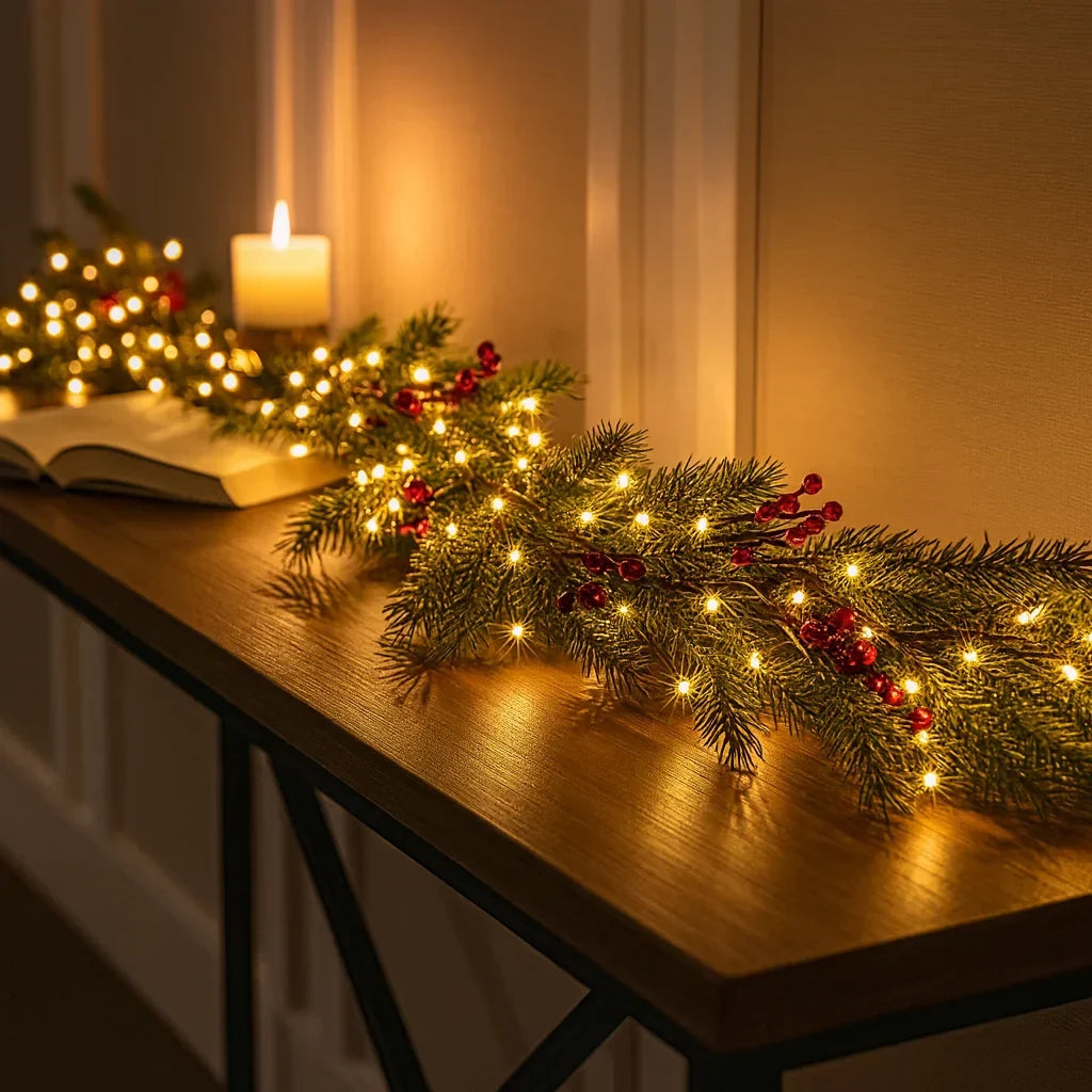 Illuminated Christmas Garland with Red Berries & Pine Branches, 180 cm – Warm White LED Indoor Decoration