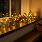 Illuminated Christmas Garland with Red Berries & Pine Branches, 180 cm – Warm White LED Indoor Decoration