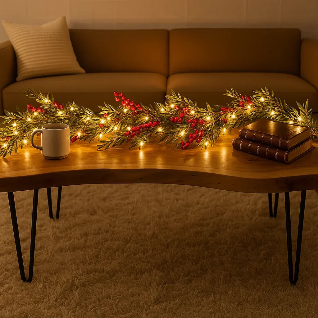 Illuminated Christmas Garland with Red Berries & Pine Branches, 180 cm – Warm White LED Indoor Decoration