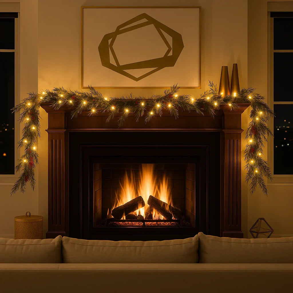 Illuminated Christmas Garland with Red Berries & Pine Branches, 180 cm – Warm White LED Indoor Decoration