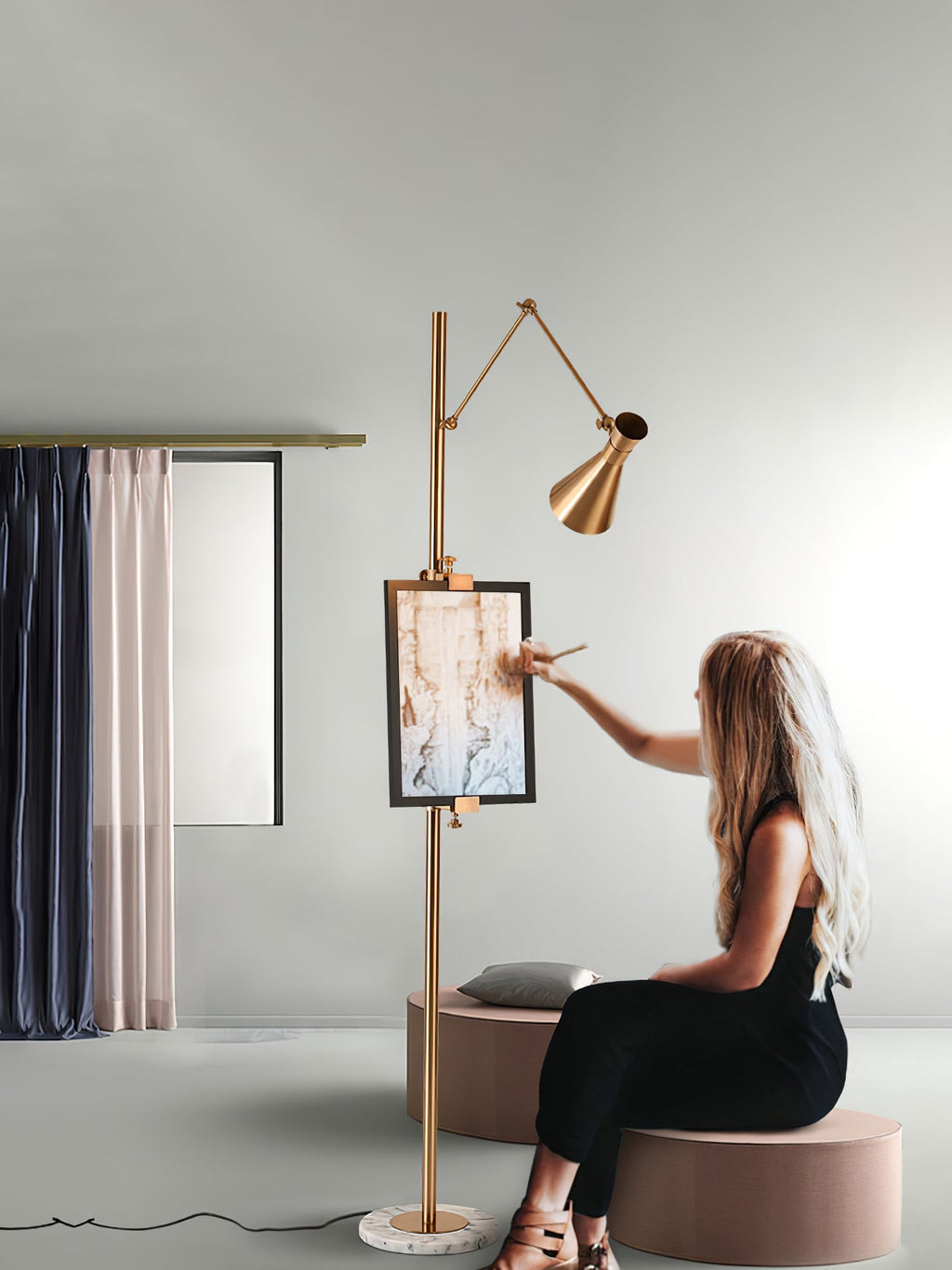 Easel Floor Lamp with Gold Frame & Marble Base – E26/E27, Max 40W, Modern Lighting for Artwork & Interiors