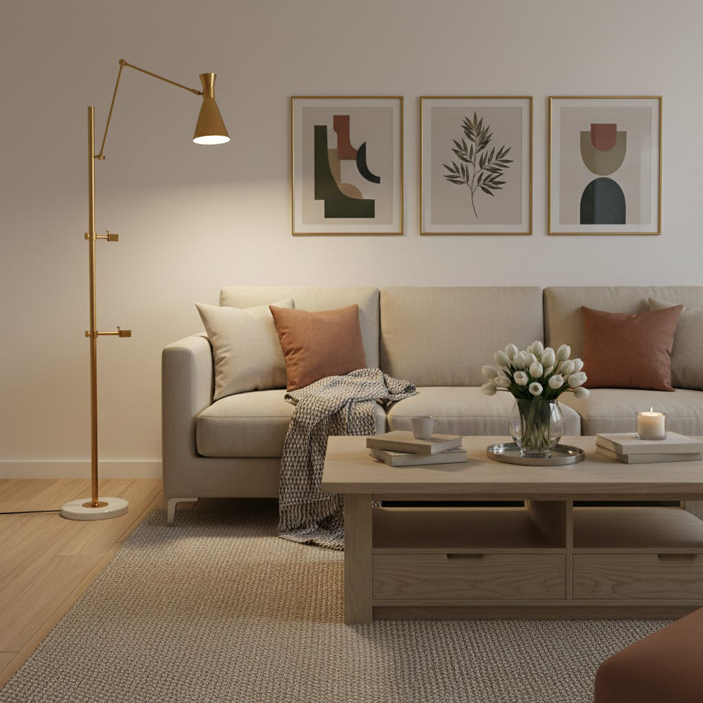 Easel Floor Lamp with Gold Frame & Marble Base – E26/E27, Max 40W, Modern Lighting for Artwork & Interiors