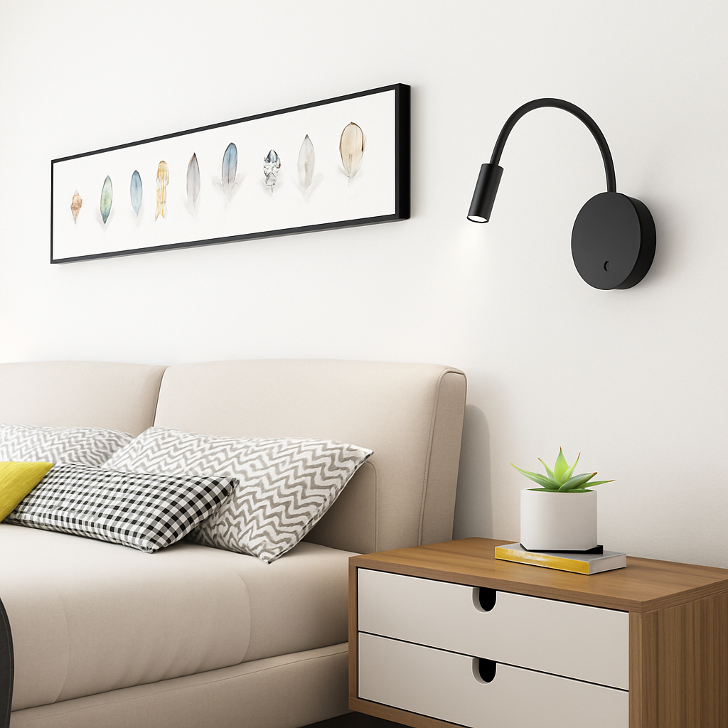 Flexible LED Wall Reading Lamp – Rechargeable Black Bedside Wall Light with Flexible Arm for Bedroom, Headboard & Office