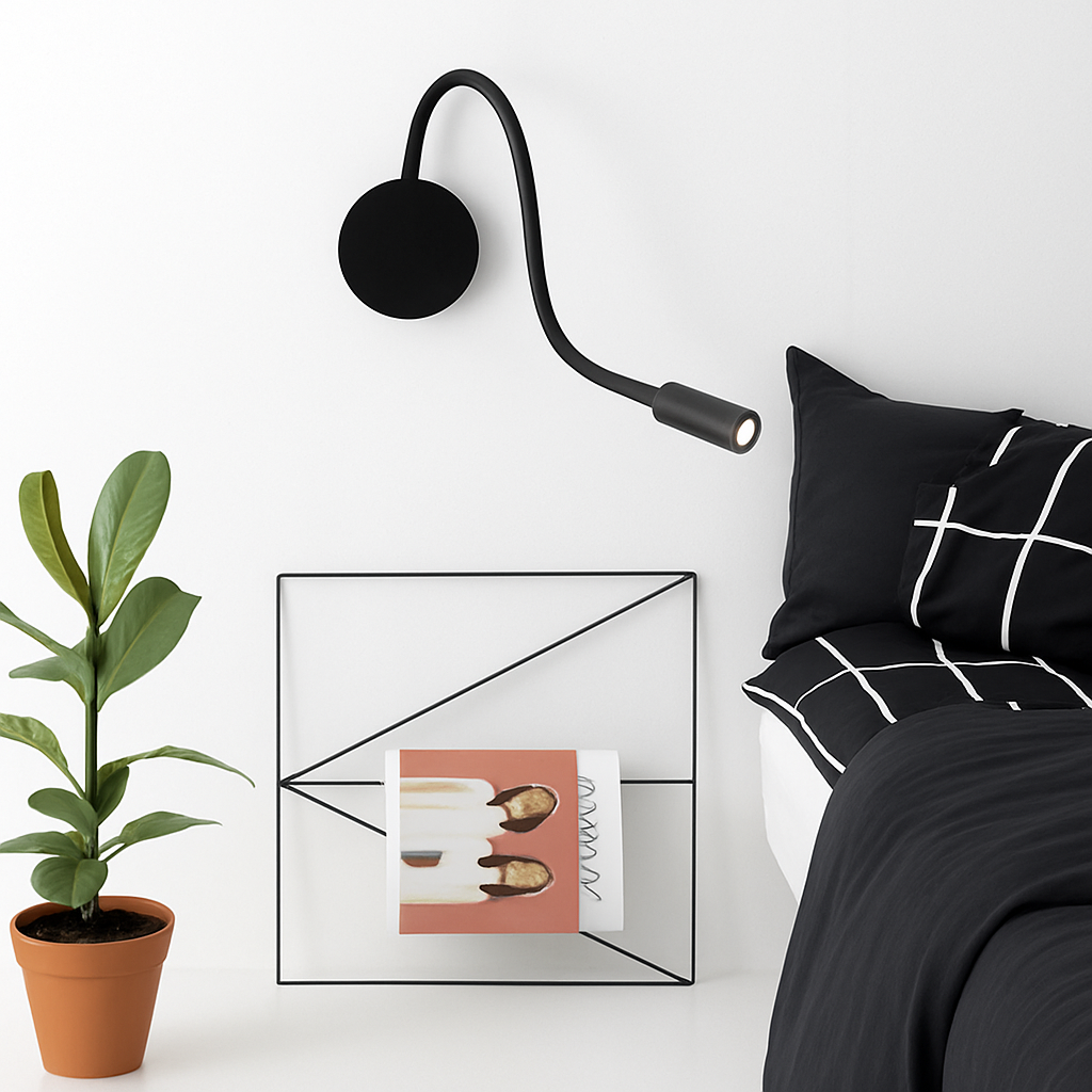 Flexible LED Wall Reading Lamp – Rechargeable Black Bedside Wall Light with Flexible Arm for Bedroom, Headboard & Office