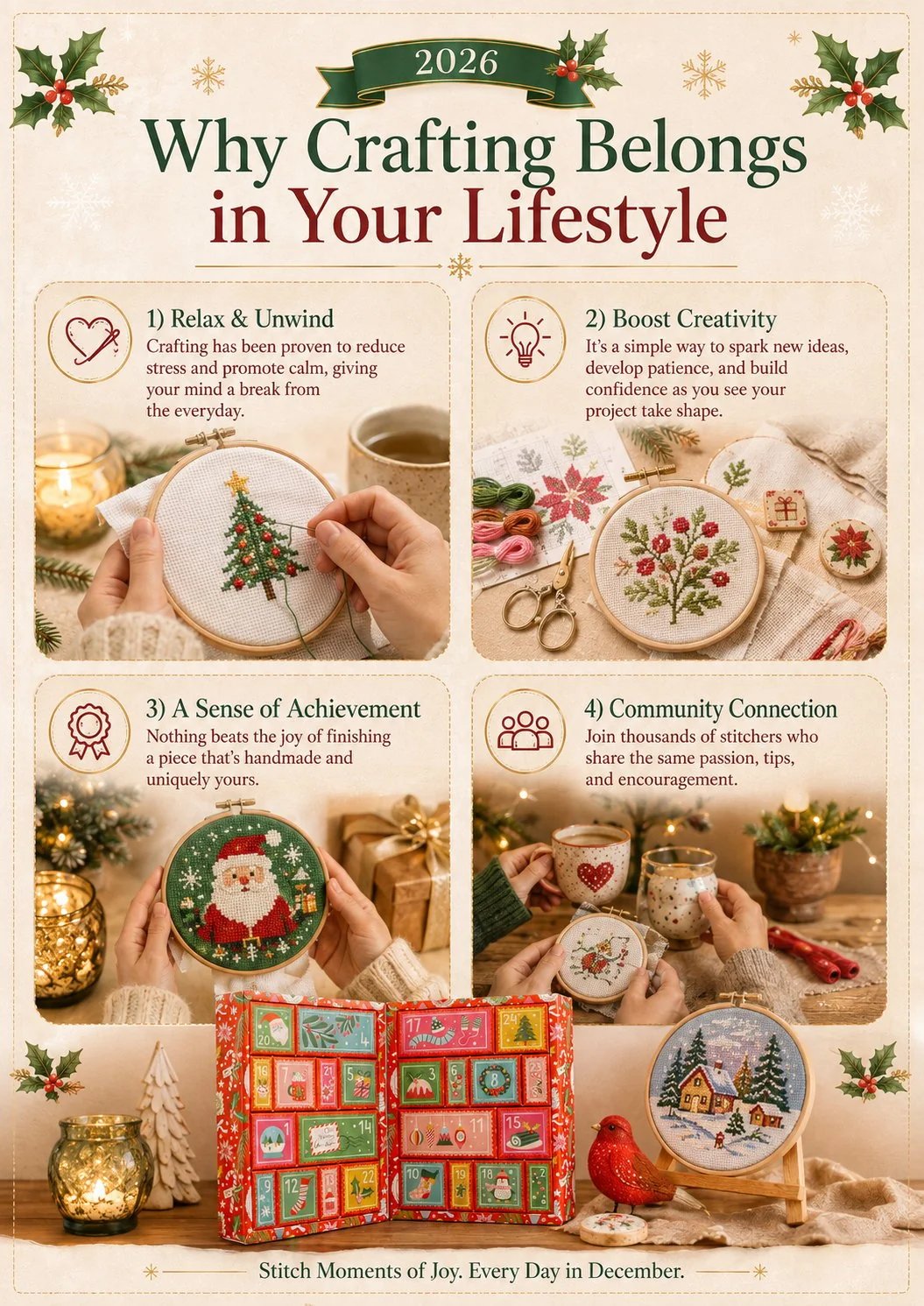 Cross Stitch Advent Calendar with 24 Daily Boxes of Needlework Supplies 2026