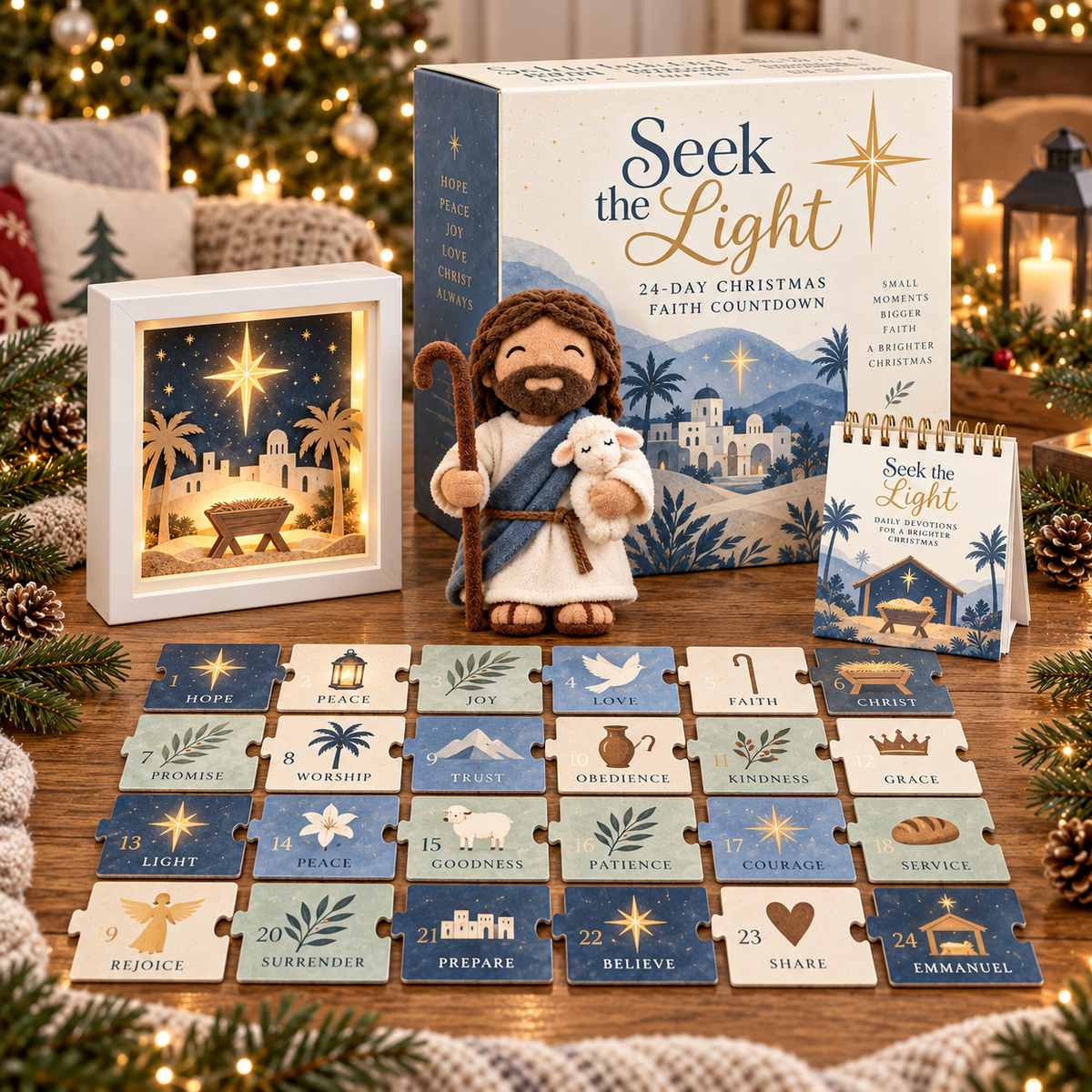 Christian Advent Calendar with 24 Symbol Pieces, Light-Up Nativity and Devotional 2026