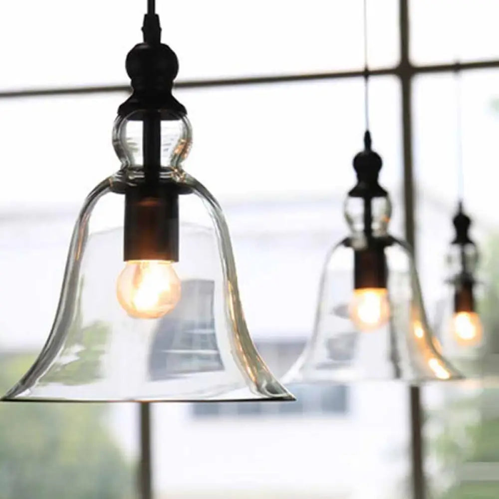 Bell-Shaped Black & Clear Glass Pendant Light – Industrial Design Ceiling Lighting, E26/E27, for Dining Room & Kitchen