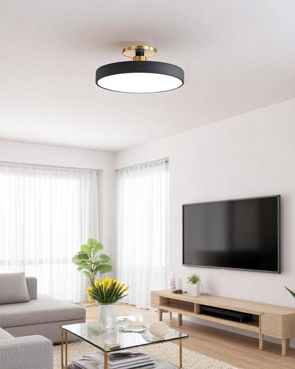 Modern Round Ceiling Light with Gold Detail & Acrylic Diffuser – Minimalist Semi-Flush for Living Room & Bedroom