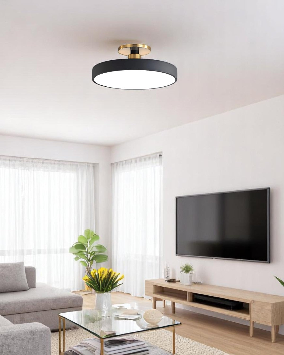 Modern Round Ceiling Light with Gold Detail & Acrylic Diffuser – Minimalist Semi-Flush for Living Room & Bedroom