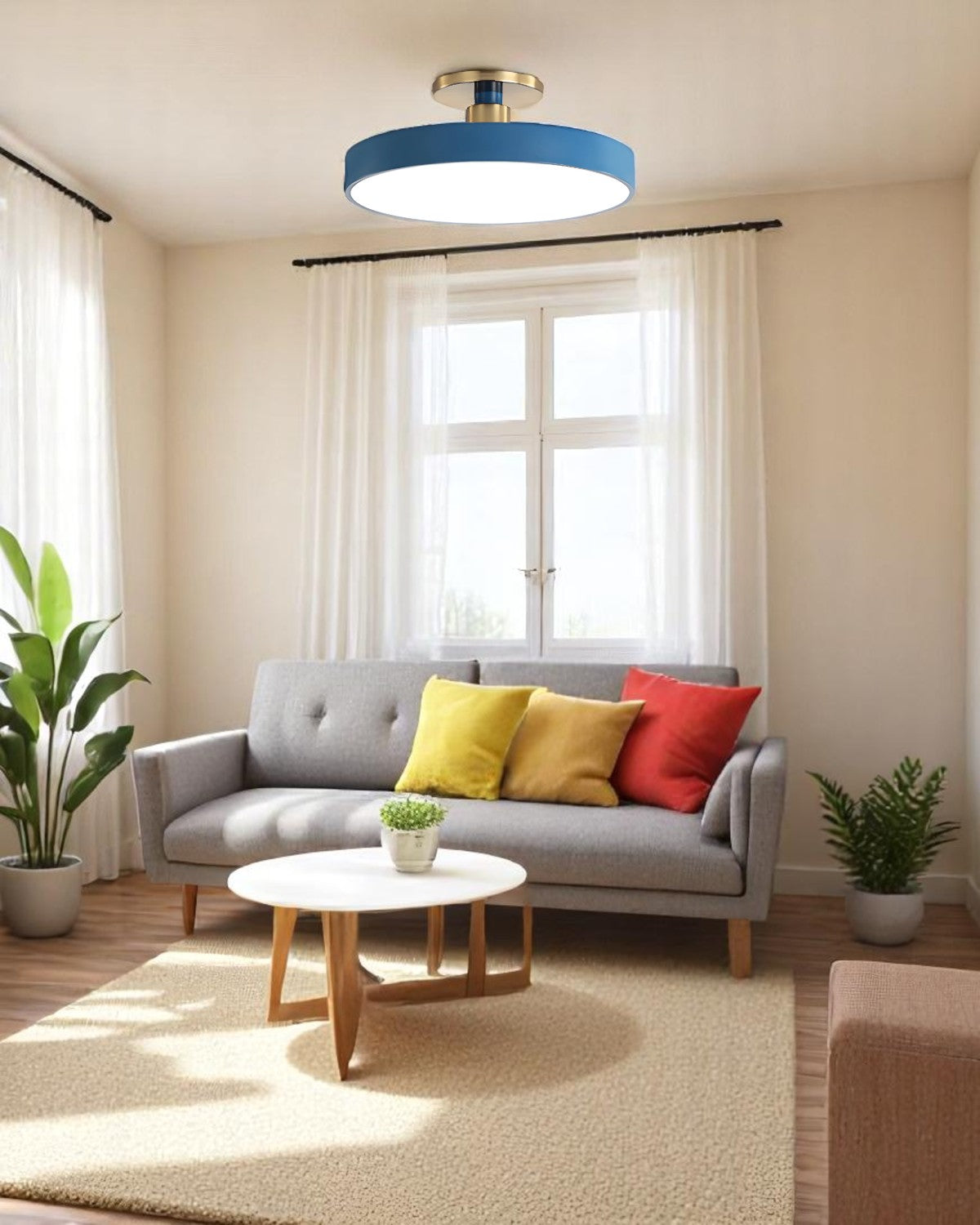 Modern Round Ceiling Light with Gold Detail & Acrylic Diffuser – Minimalist Semi-Flush for Living Room & Bedroom
