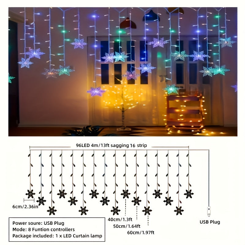 USB Snowflake String Lights – 4 m Multicolour LED, Christmas Decoration for Festive Winter Interiors