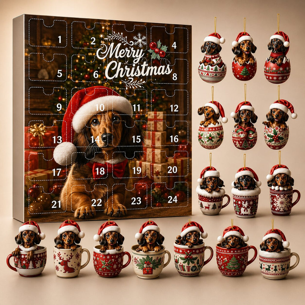 Dachshund Ornament Advent Calendar with 24 Flat Plastic Dachshund Figures 2026