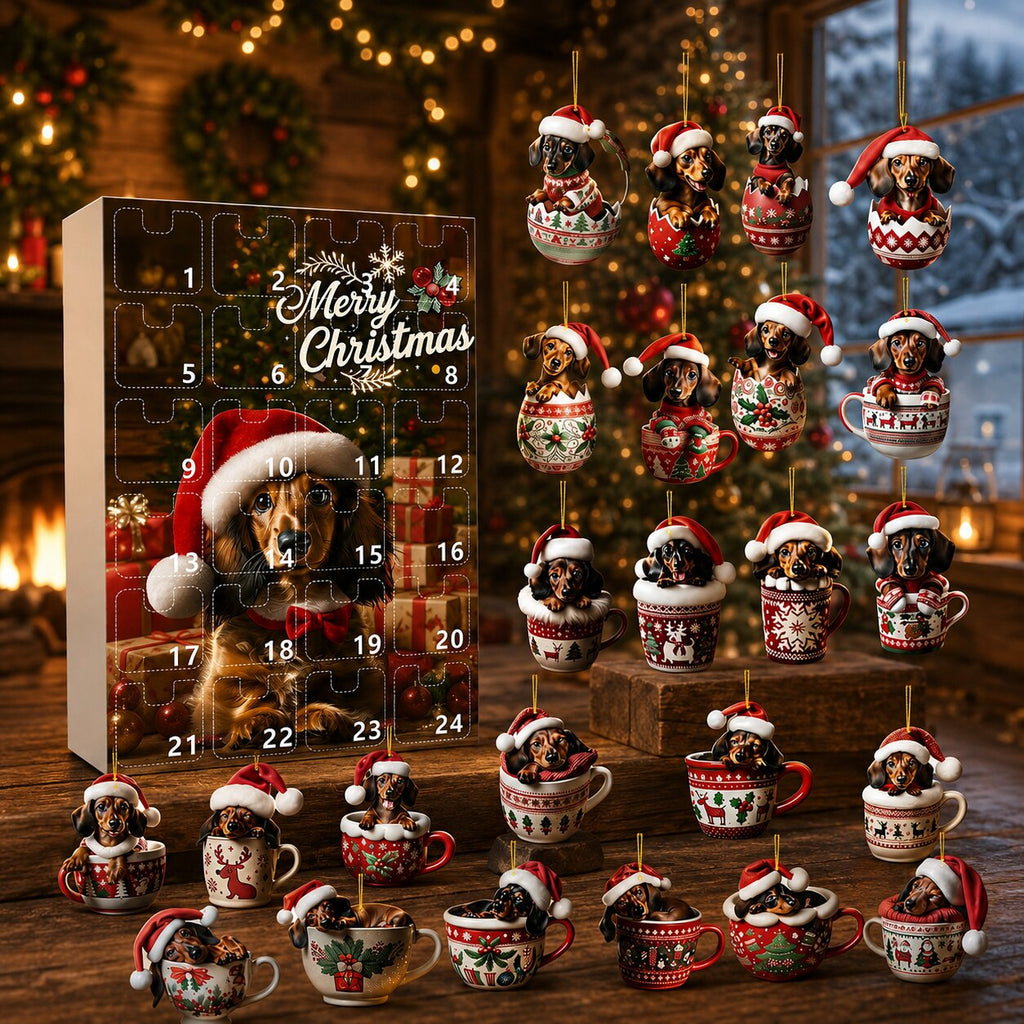 Dachshund Ornament Advent Calendar with 24 Flat Plastic Dachshund Figures 2026