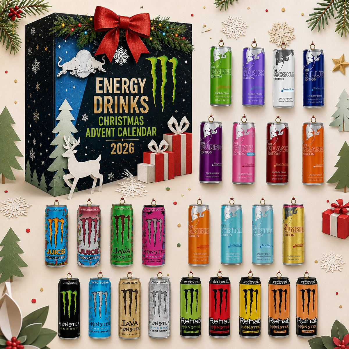 Energy Drink Can Design Advent Calendar with 24 Flat Decorative Pieces 2026