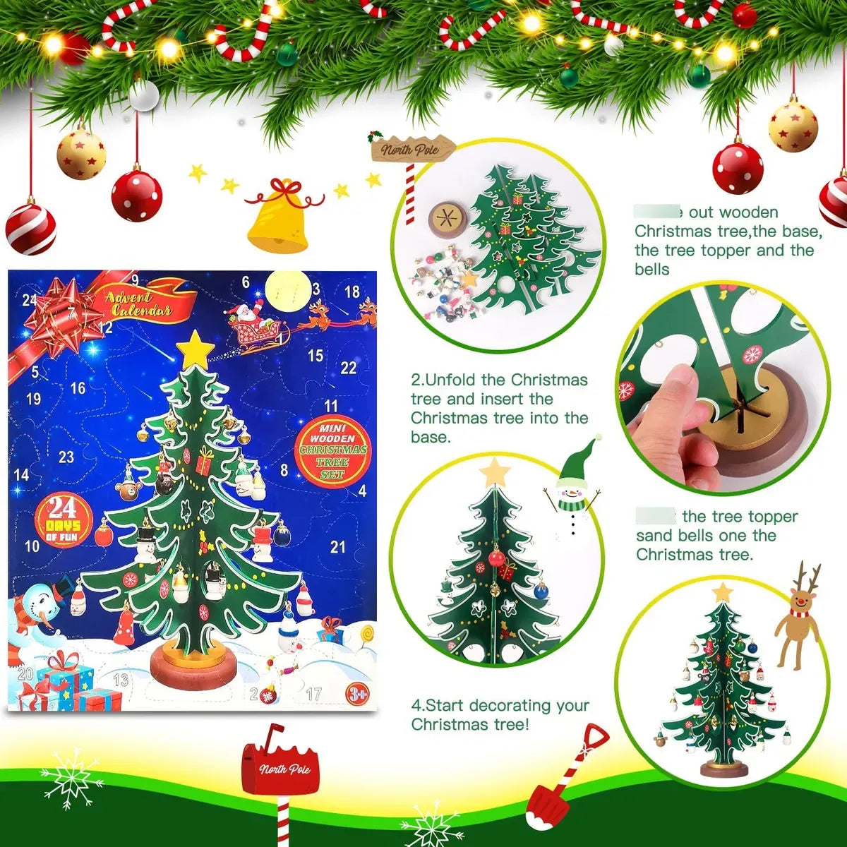Wintavo | Christmas Tree Advent Calendar for Kids with 24 Hanging Ornaments