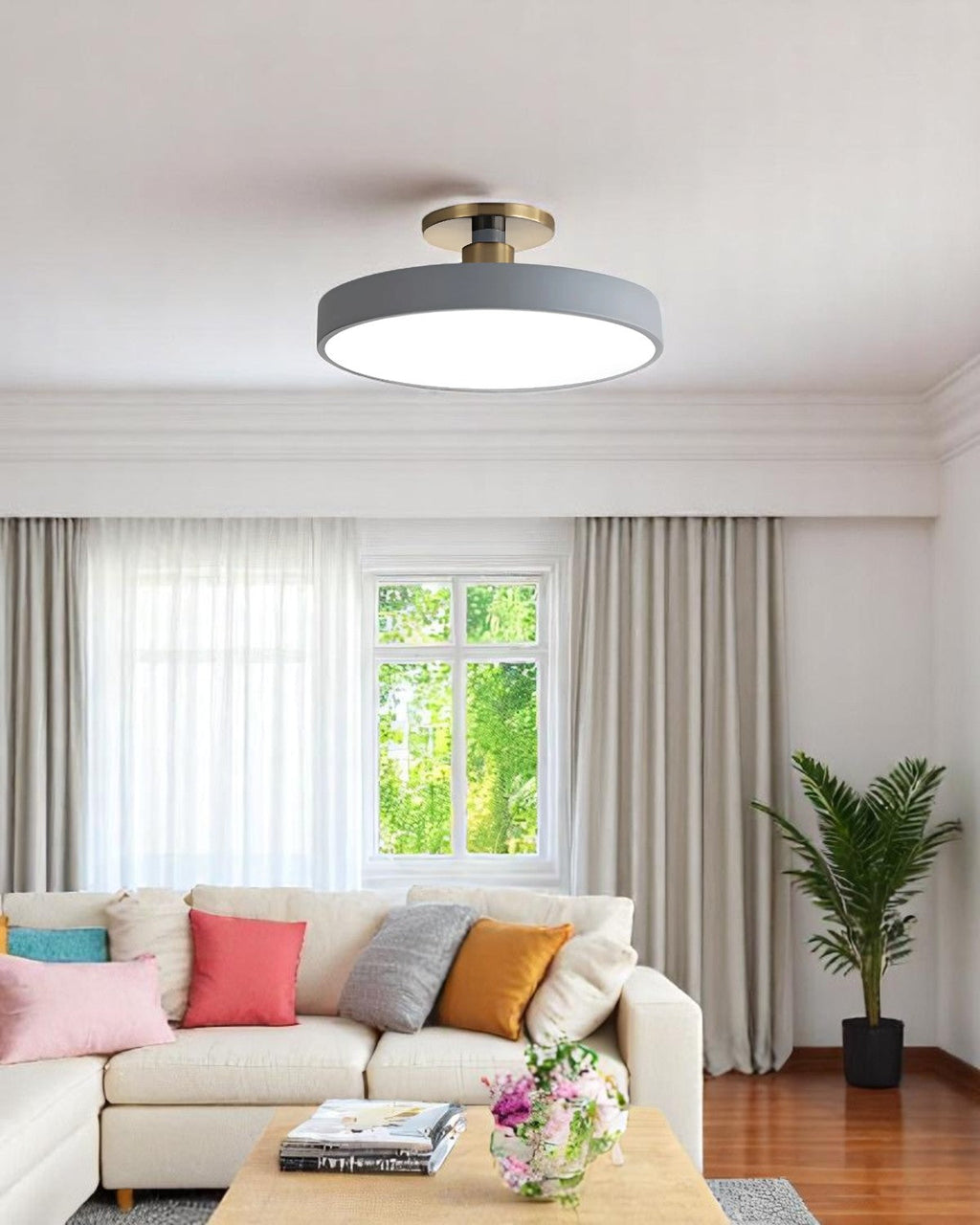 Modern Round Ceiling Light with Gold Detail & Acrylic Diffuser – Minimalist Semi-Flush for Living Room & Bedroom