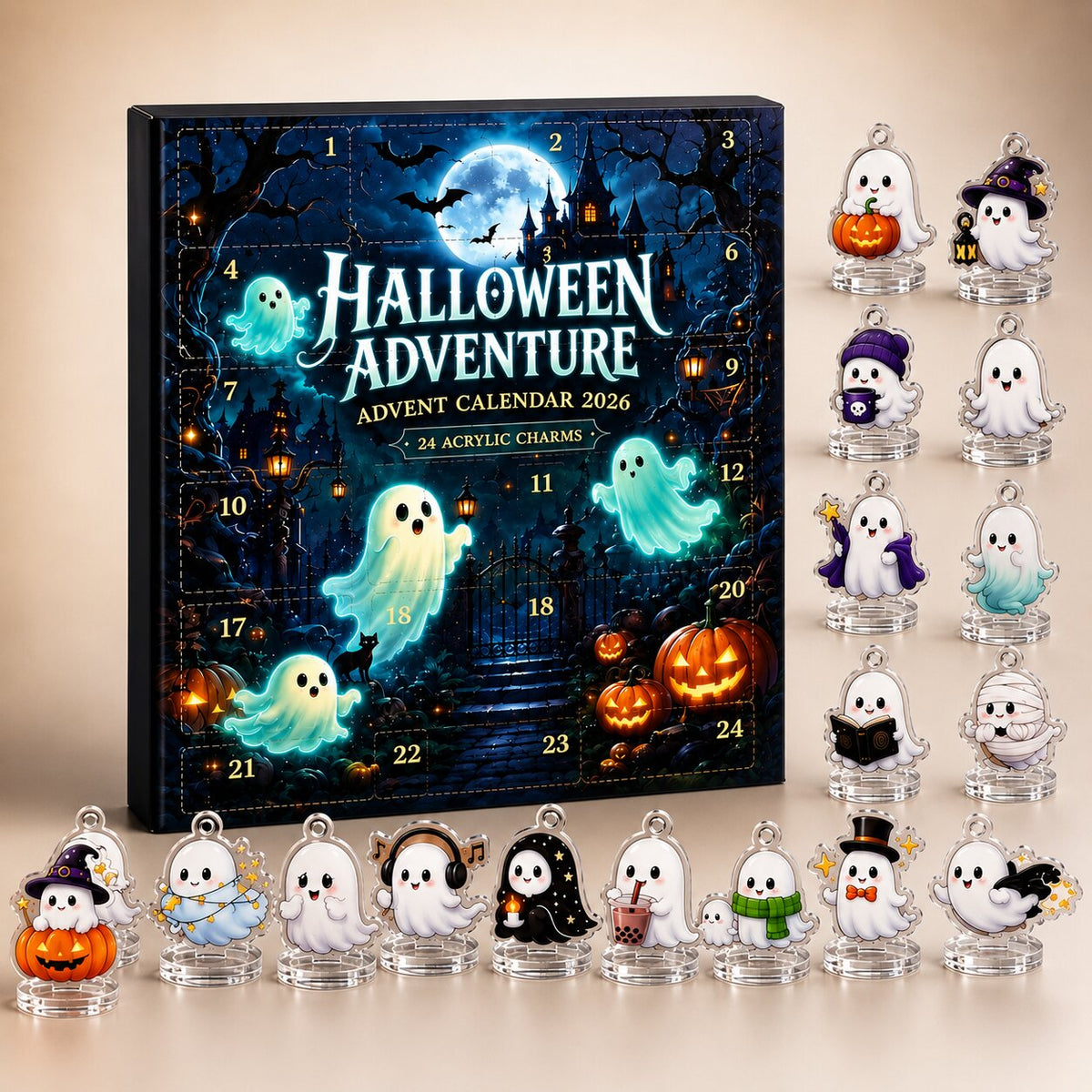 Halloween Countdown Calendar with 24 Flat Plastic Ghost Figures 2026