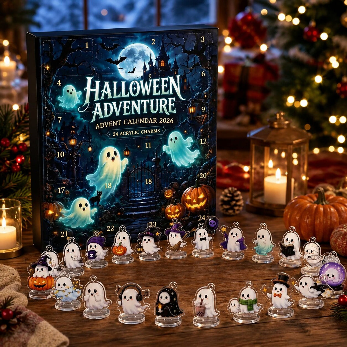 Halloween Countdown Calendar with 24 Flat Plastic Ghost Figures 2026