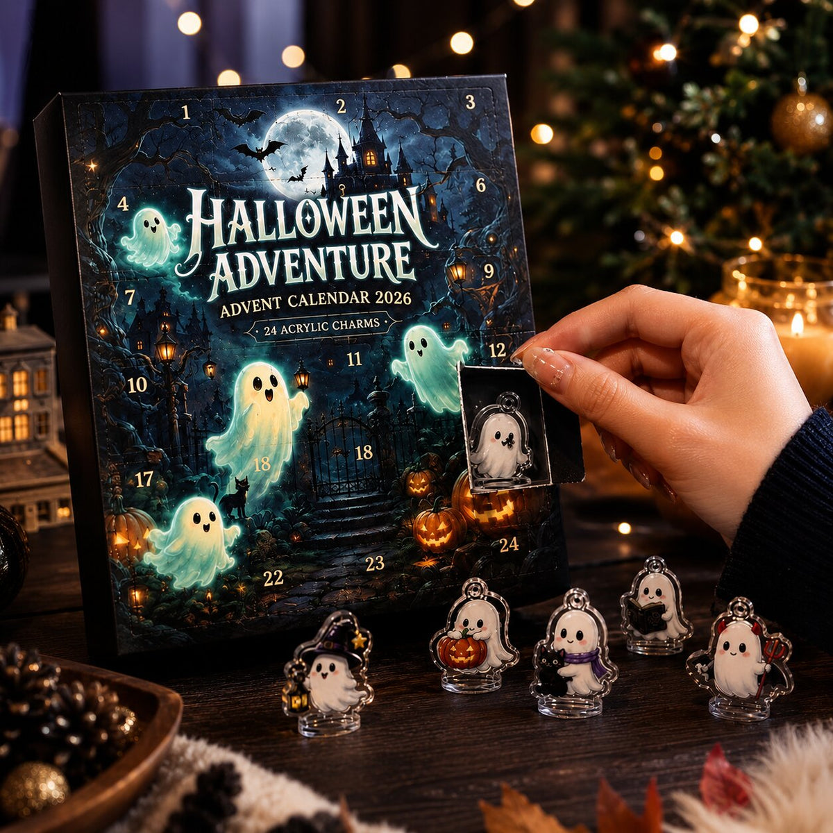 Halloween Countdown Calendar with 24 Flat Plastic Ghost Figures 2026