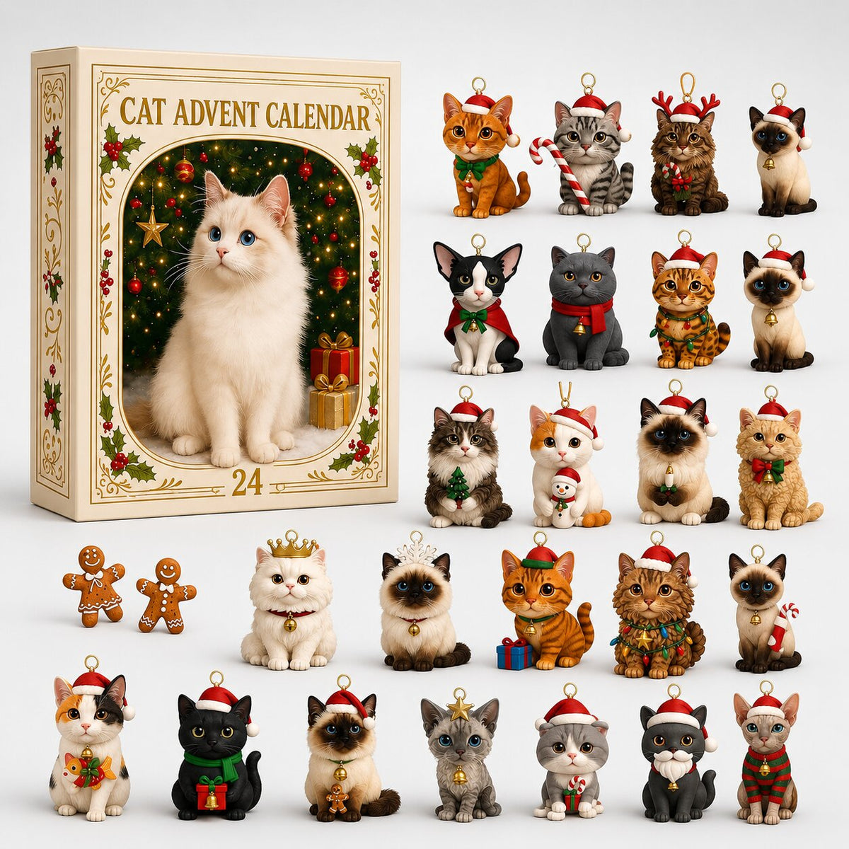 Cat Ornament Advent Calendar with 24 Flat Acrylic-Style Cat Decorations 2026