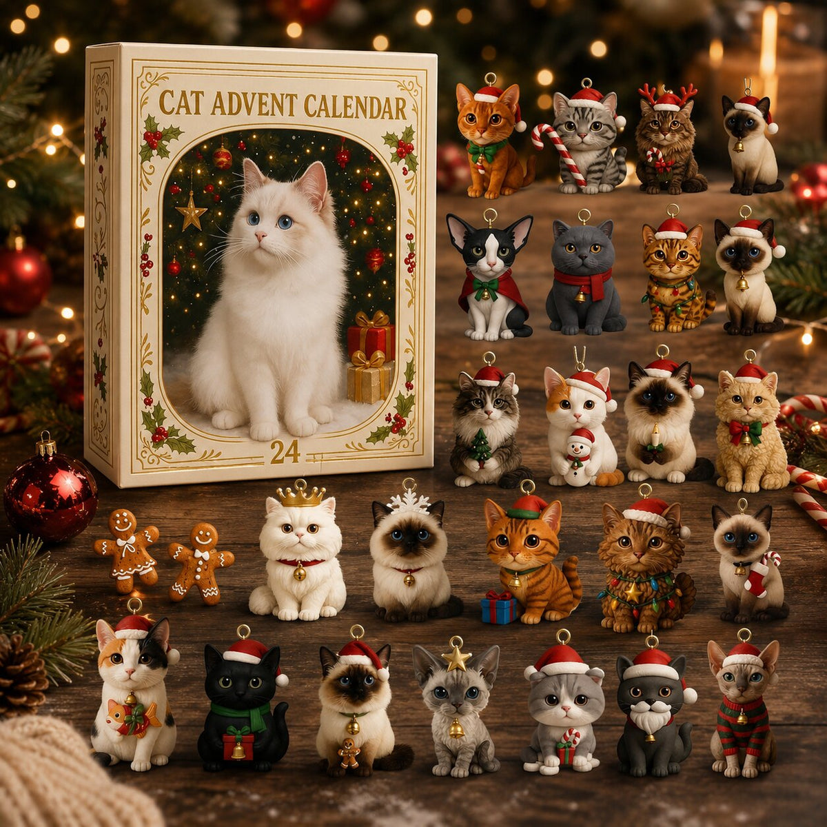 Cat Ornament Advent Calendar with 24 Flat Acrylic-Style Cat Decorations 2026