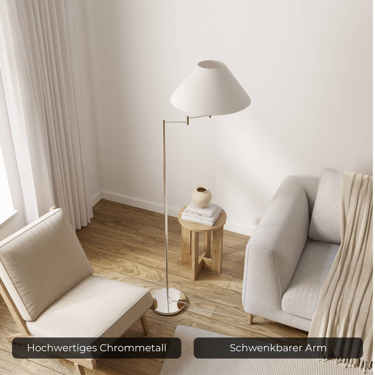 Chrome Floor Lamp with Adjustable Arm – Elegant Reading Lamp