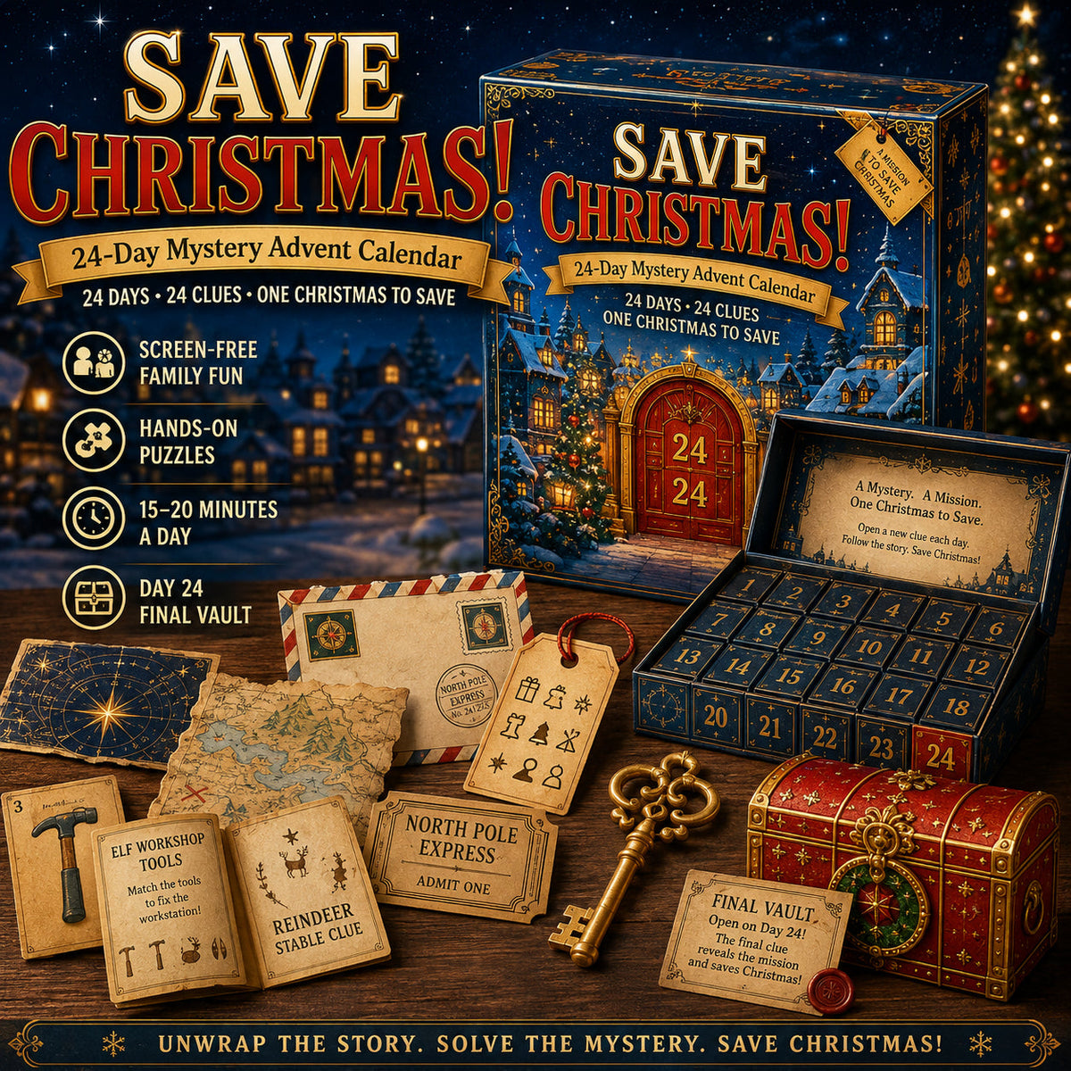 Mystery Puzzle Advent Calendar with 24 Daily Clues and Tasks, 6 Stories 2026