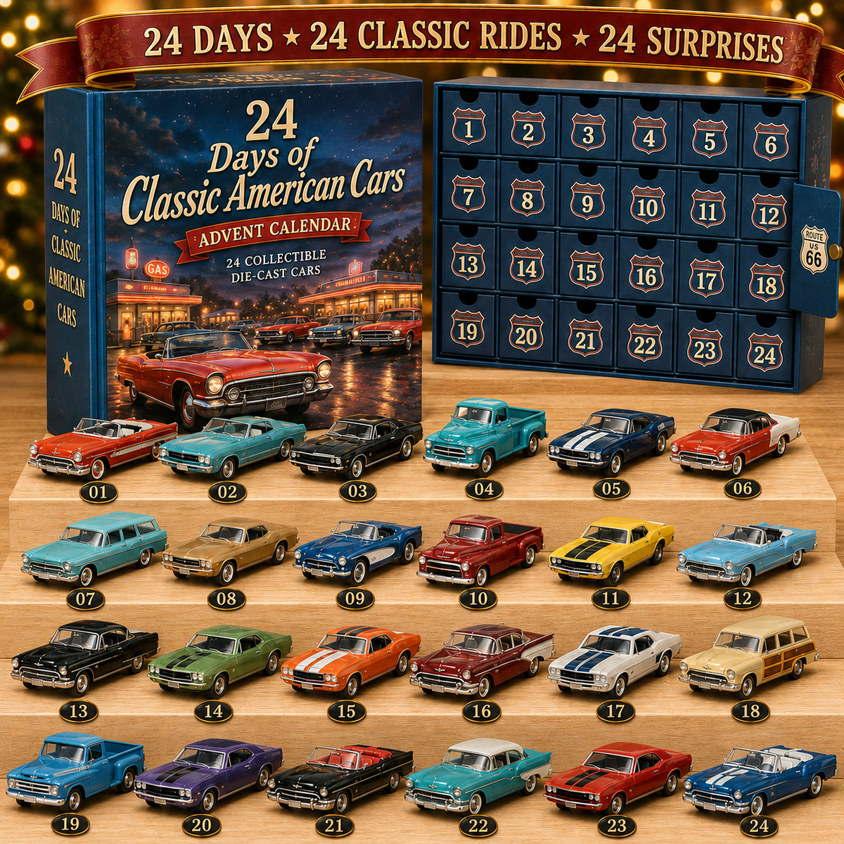 Motrella | Car Advent Calendar with 24 Miniature Classic American-Style Cars