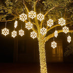 LED Snowflake Hanging Lights – Warm White Outdoor Christmas Lighting for Balcony, Garden & Patio, Decorative Winter Look