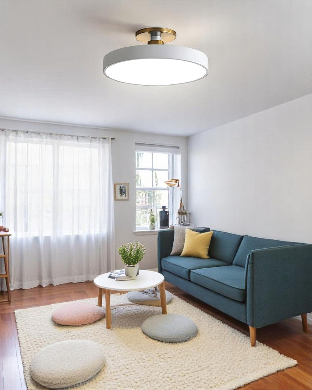Modern Round Ceiling Light with Gold Detail & Acrylic Diffuser – Minimalist Semi-Flush for Living Room & Bedroom