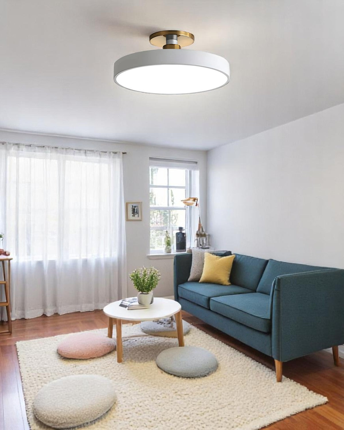 Modern Round Ceiling Light with Gold Detail & Acrylic Diffuser – Minimalist Semi-Flush for Living Room & Bedroom